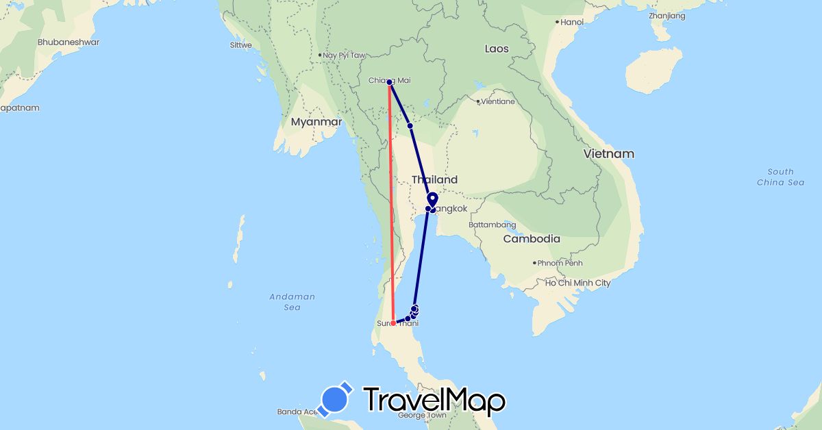 TravelMap itinerary: driving, hiking in Thailand (Asia)